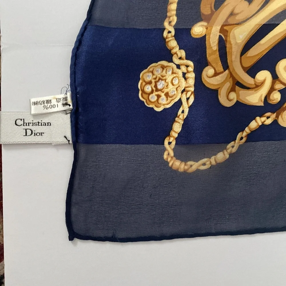 Christian Dior 100% silk scarf. Deep rich, navy blue gold cream color 34 x34